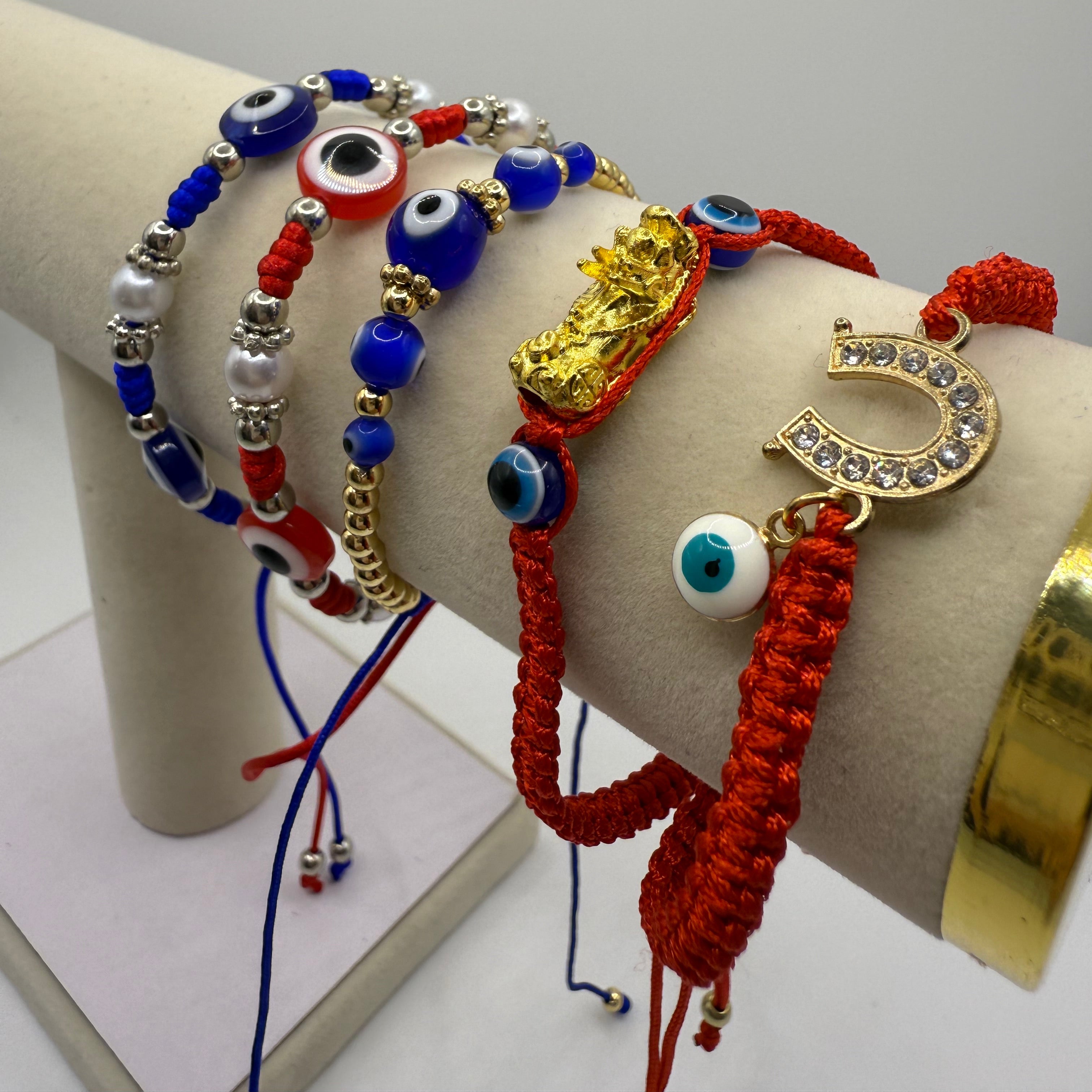 Blue Pearl Evil eye/Pixiu/Horshe Shoe/Thread Bracelet🧿Pulsera ajustable de Mal de ojo y Perlas Para la proteccion