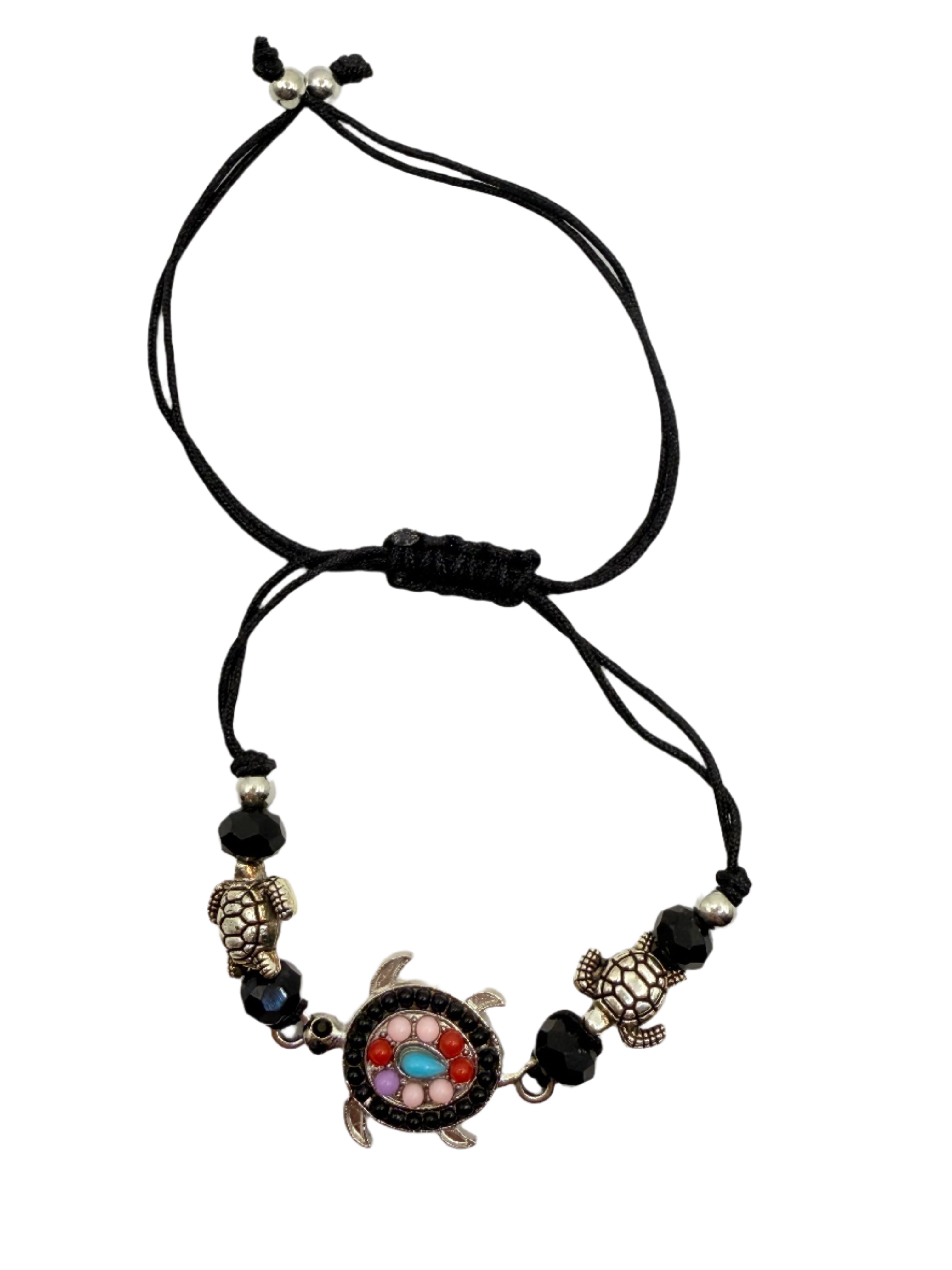 Ocean Guardian – Black Braided Silver Turtle Bracelet