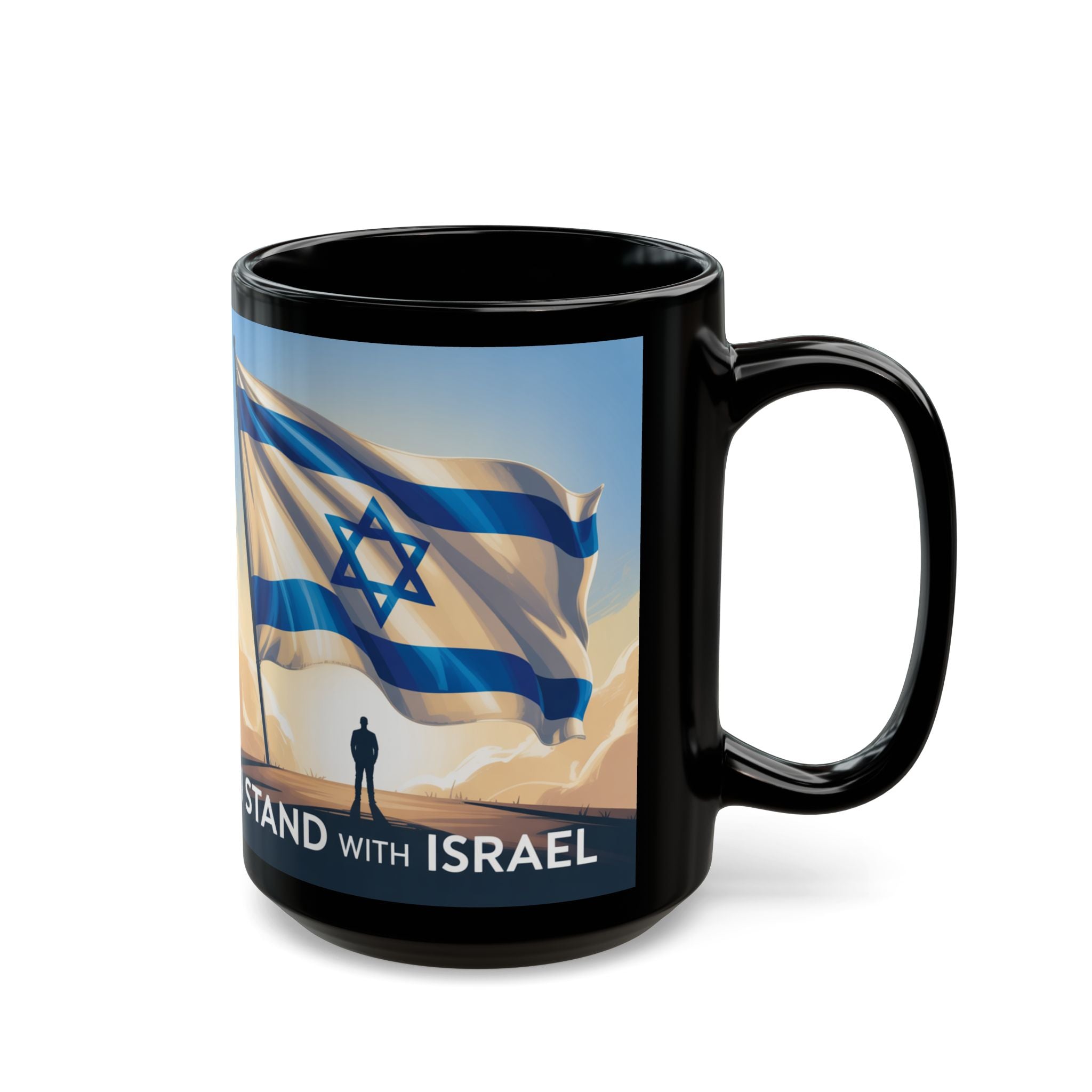 Patriotic Black Mug - I Stand with Israel Design, Custom Coffee Cup, Supportive Gift, Meaningful Drinkware, 11oz/15oz
