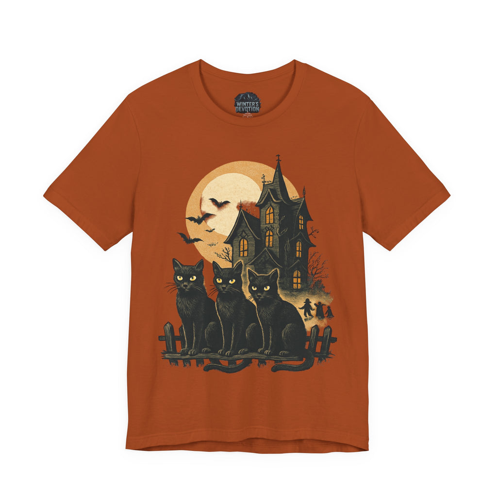 Haunted House Halloween Cat Tee, Spooky Cat Shirt, Unisex Halloween Shirt, Fall Fashion Tee, Cat Lover Gift, Eerie Night Wear