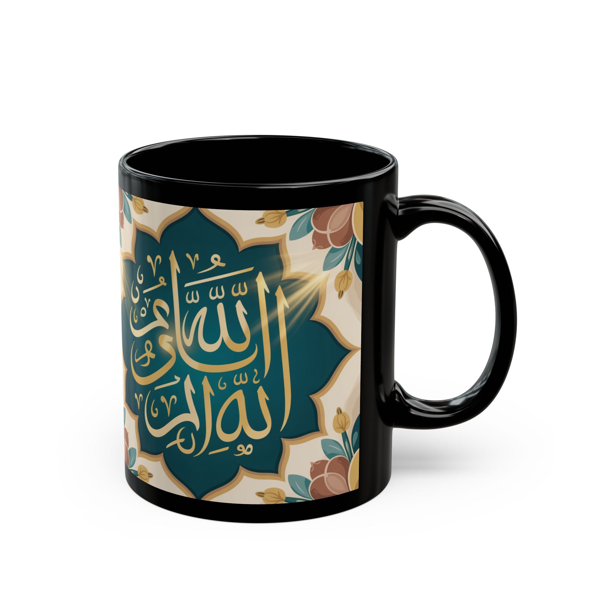 Elegant Black Mug with Floral Design, Islamic Mug, Spiritual Gift, Coffee Cup, Home Decor