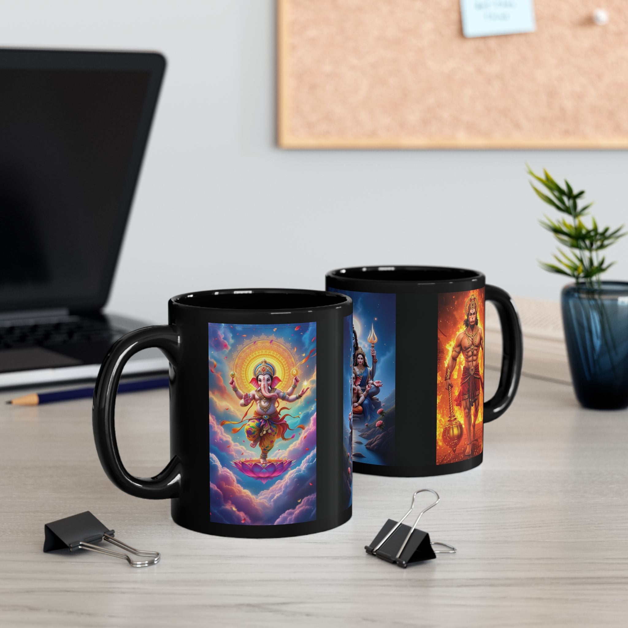 Shiva, Ganesha, Parvati Black Mug with Hindu Deities - Coffee Cup for Devotees, Gift for Diwali, Meditation, Yoga, and Daily Inspiration
