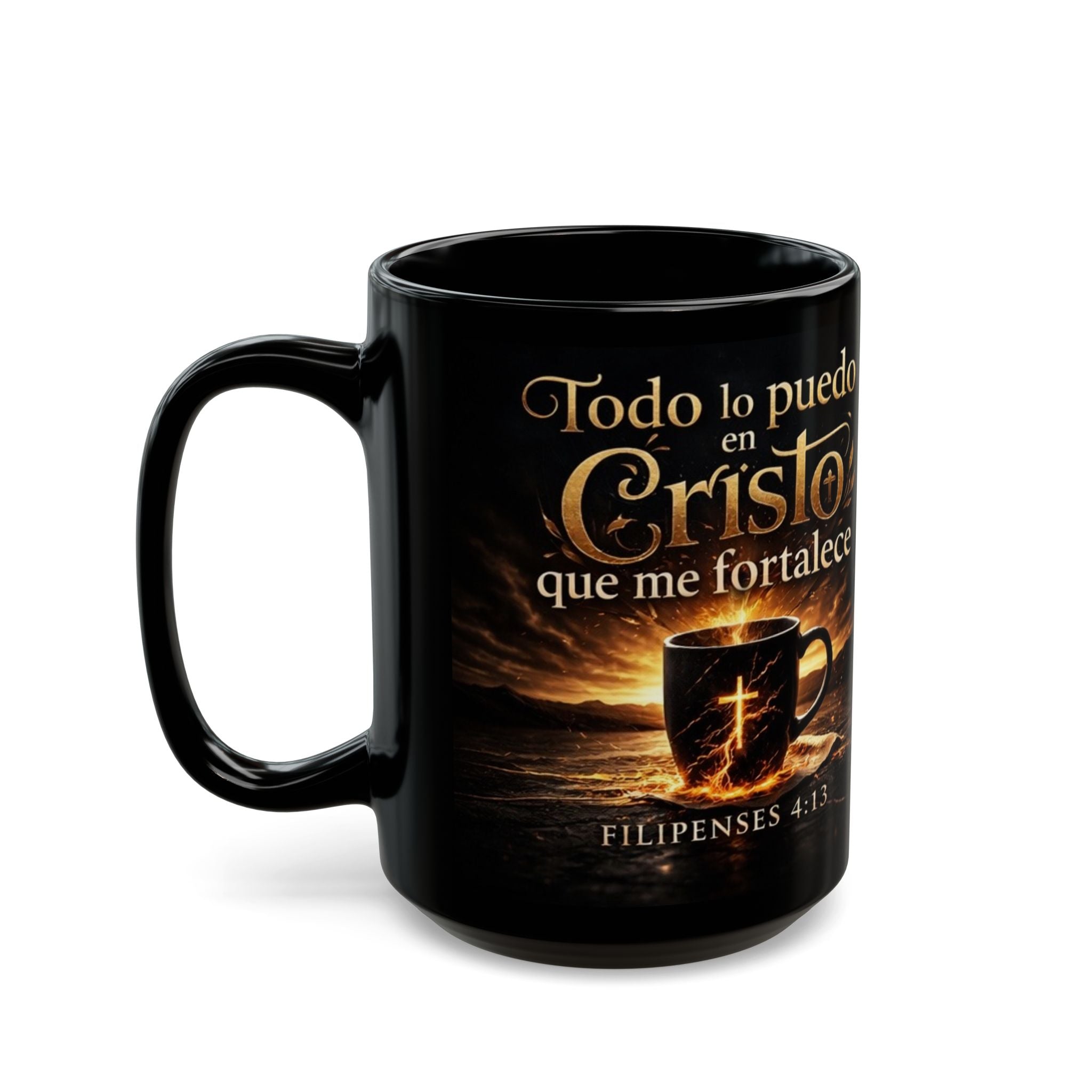 Black Ceramic Mug — Spanish Scripture Design with Lion & 'Jehová' Encouragement (11oz/15oz)