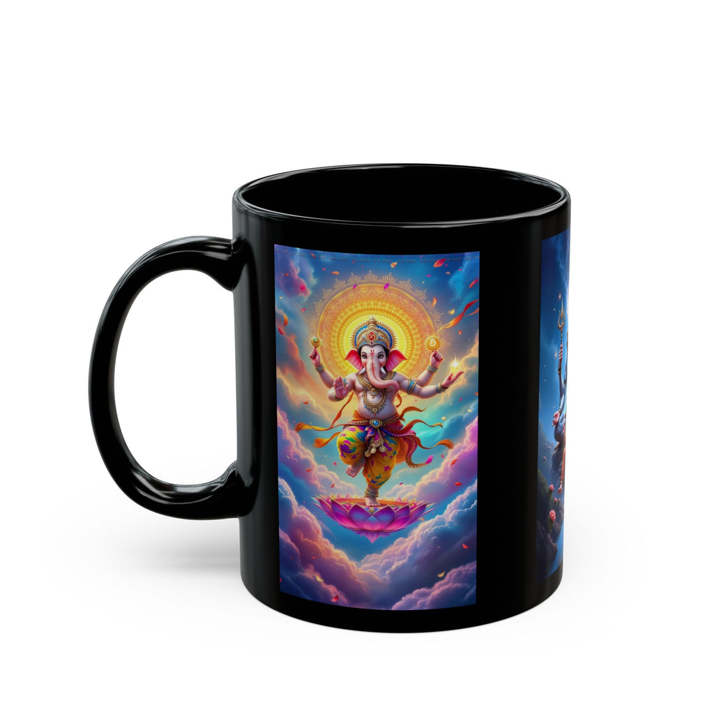 Shiva, Ganesha, Parvati Black Mug with Hindu Deities - Coffee Cup for Devotees, Gift for Diwali, Meditation, Yoga, and Daily Inspiration