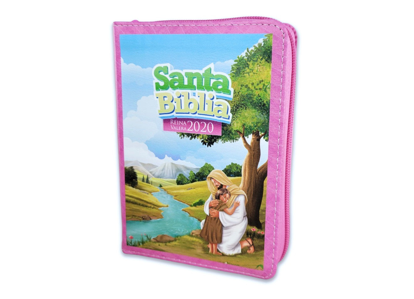 Biblia Compacta con Cierre para Niñas RV2020 imit piel rosa niña con Jesús