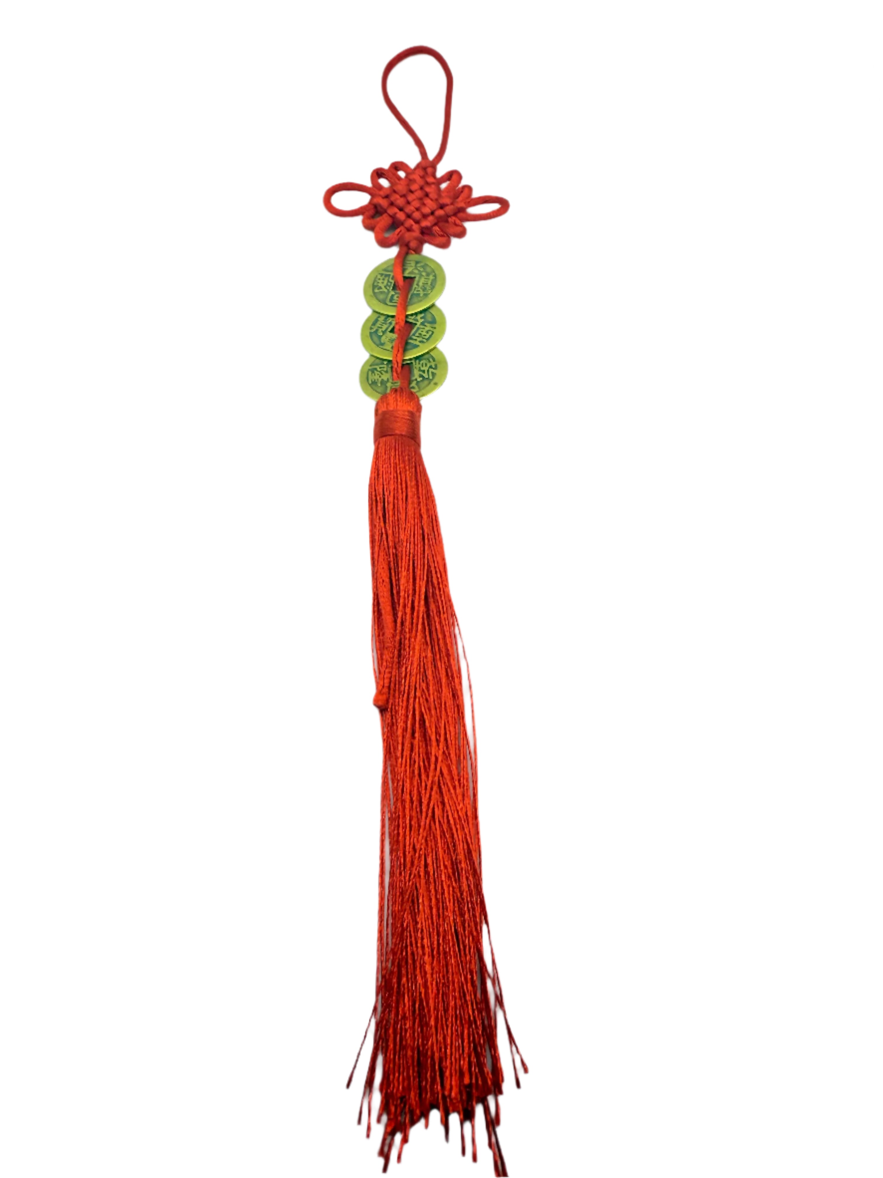 Gao Qian Three I-Ching Coins with Mystic Knot and Tassel Wealth Luck