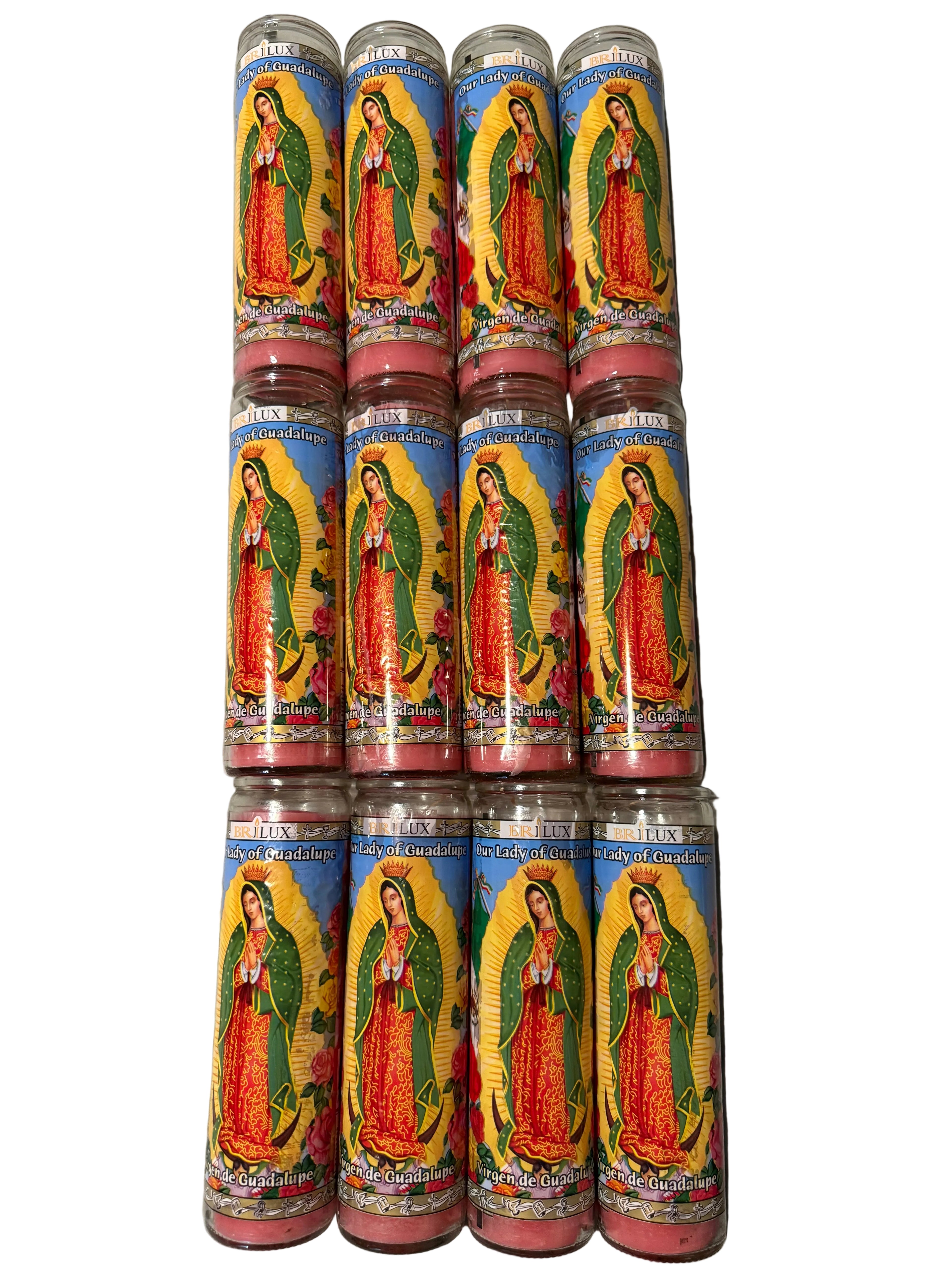 Veladoras Devocionales BRILUX —Virgen de Guadalupe | Importadas de México / BRILUX Devotional Prayer Candles – Virgen de Guadalupe | Imported from Mexico
