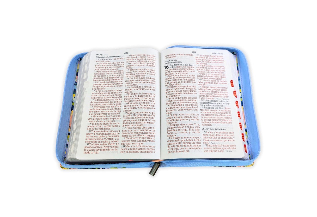 Biblia con Cierre Letra Gigante Manual RV1960, imit. piel celeste floral con índice