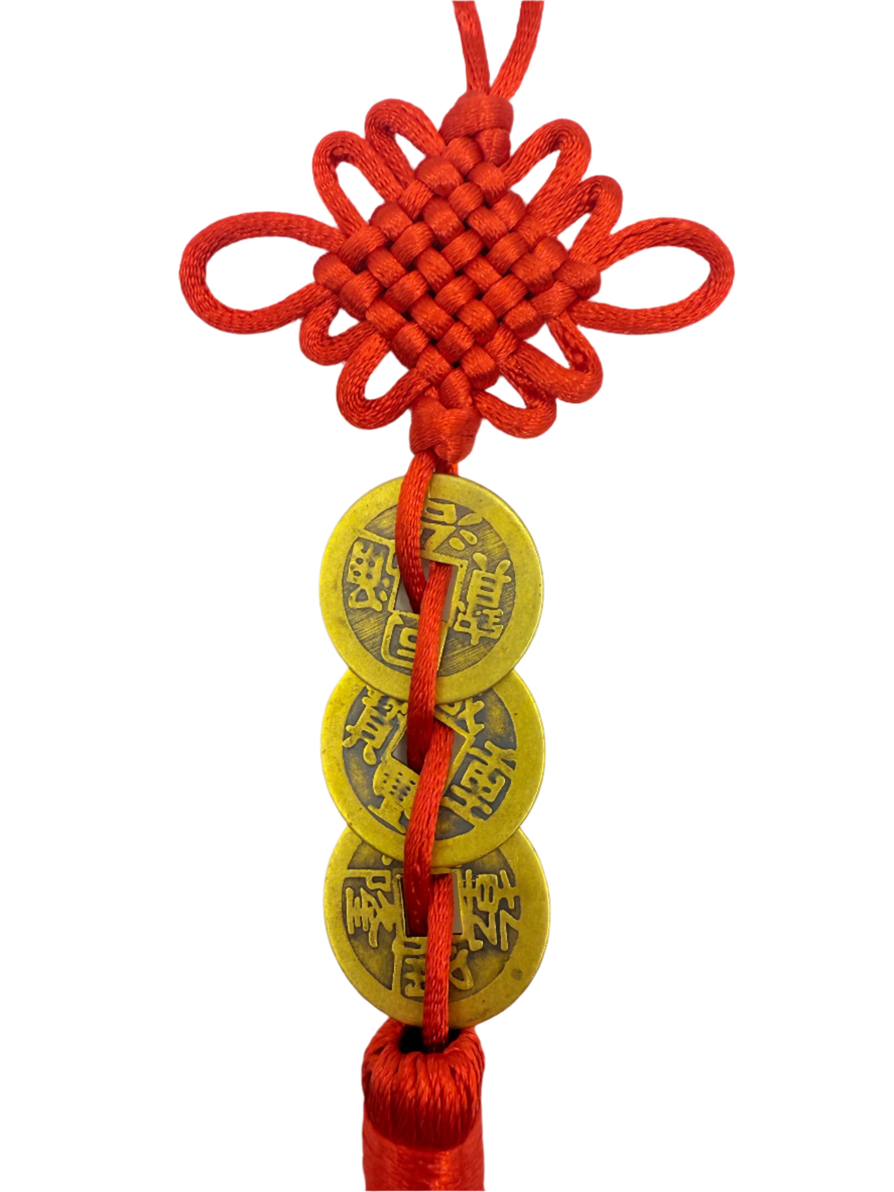 Gao Qian Three I-Ching Coins with Mystic Knot and Tassel Wealth Luck