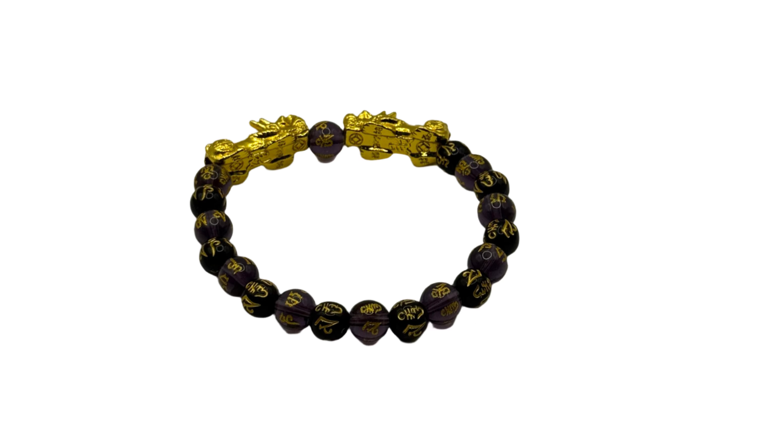 Bracelet with black beads and gold accents on a gray background