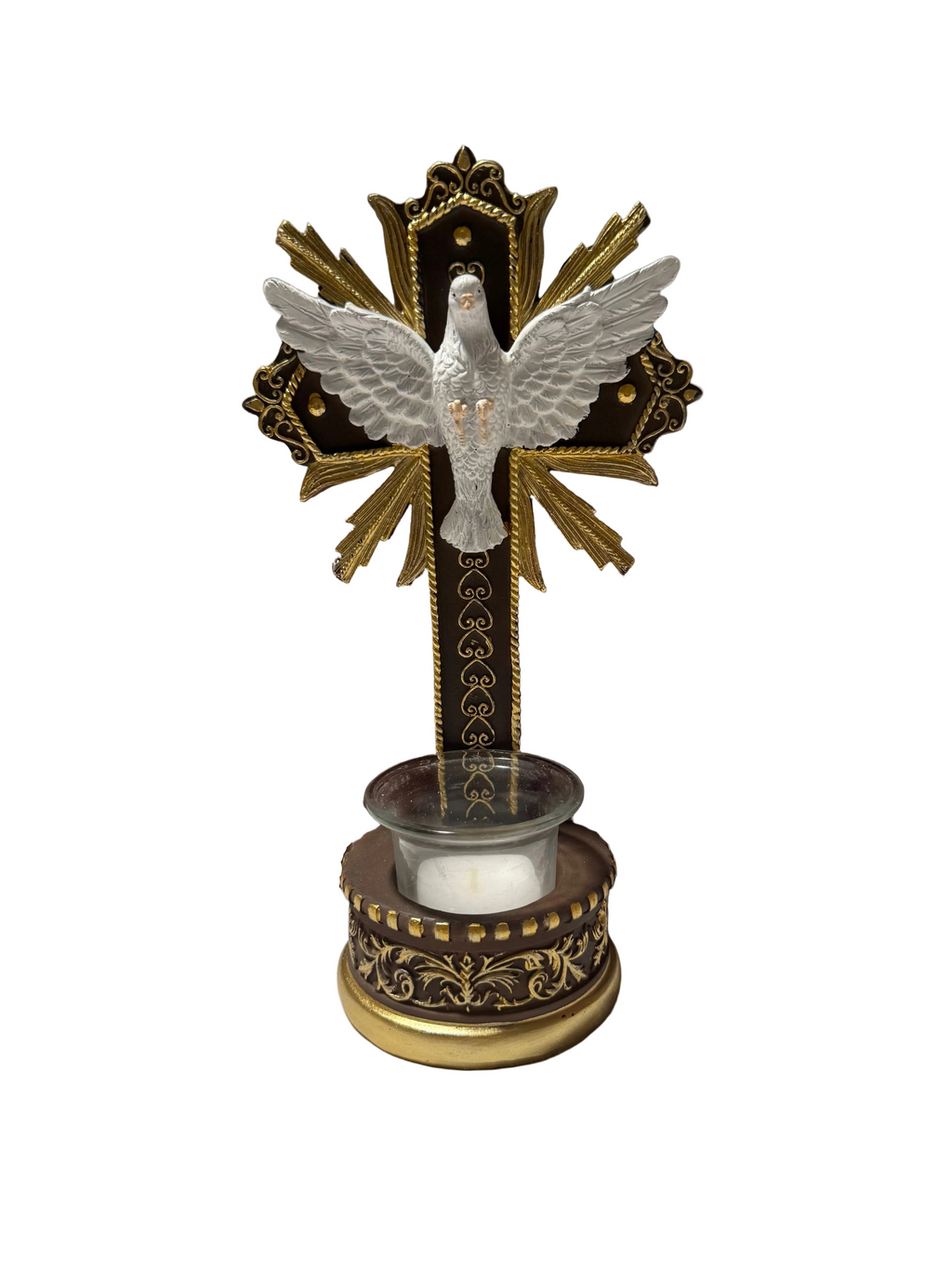 Holy Spirit Dove Cross 10”/ Cruz del Espíritu Santo Con Paloma Resin Statue | Catholic Religious Decor with Candle Holder