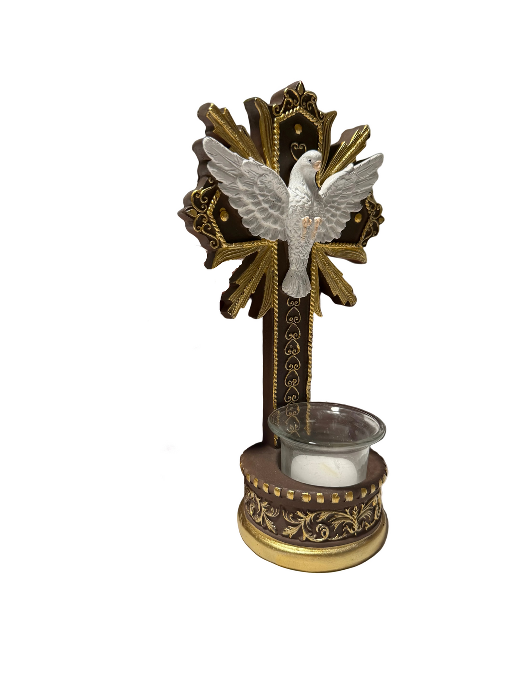 Holy Spirit Dove Cross 10”/ Cruz del Espíritu Santo Con Paloma Resin Statue | Catholic Religious Decor with Candle Holder