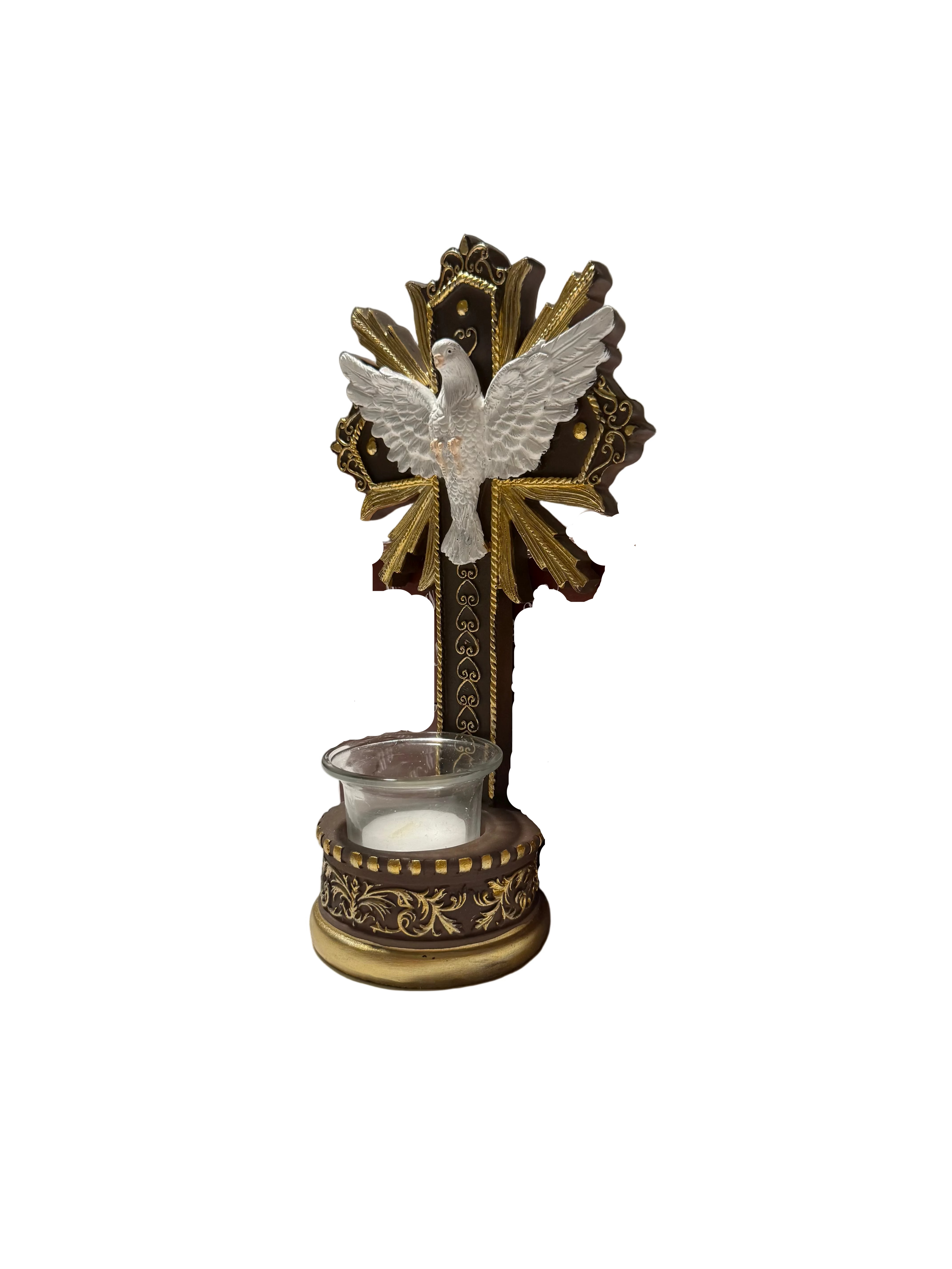Holy Spirit Dove Cross 10”/ Cruz del Espíritu Santo Con Paloma Resin Statue | Catholic Religious Decor with Candle Holder