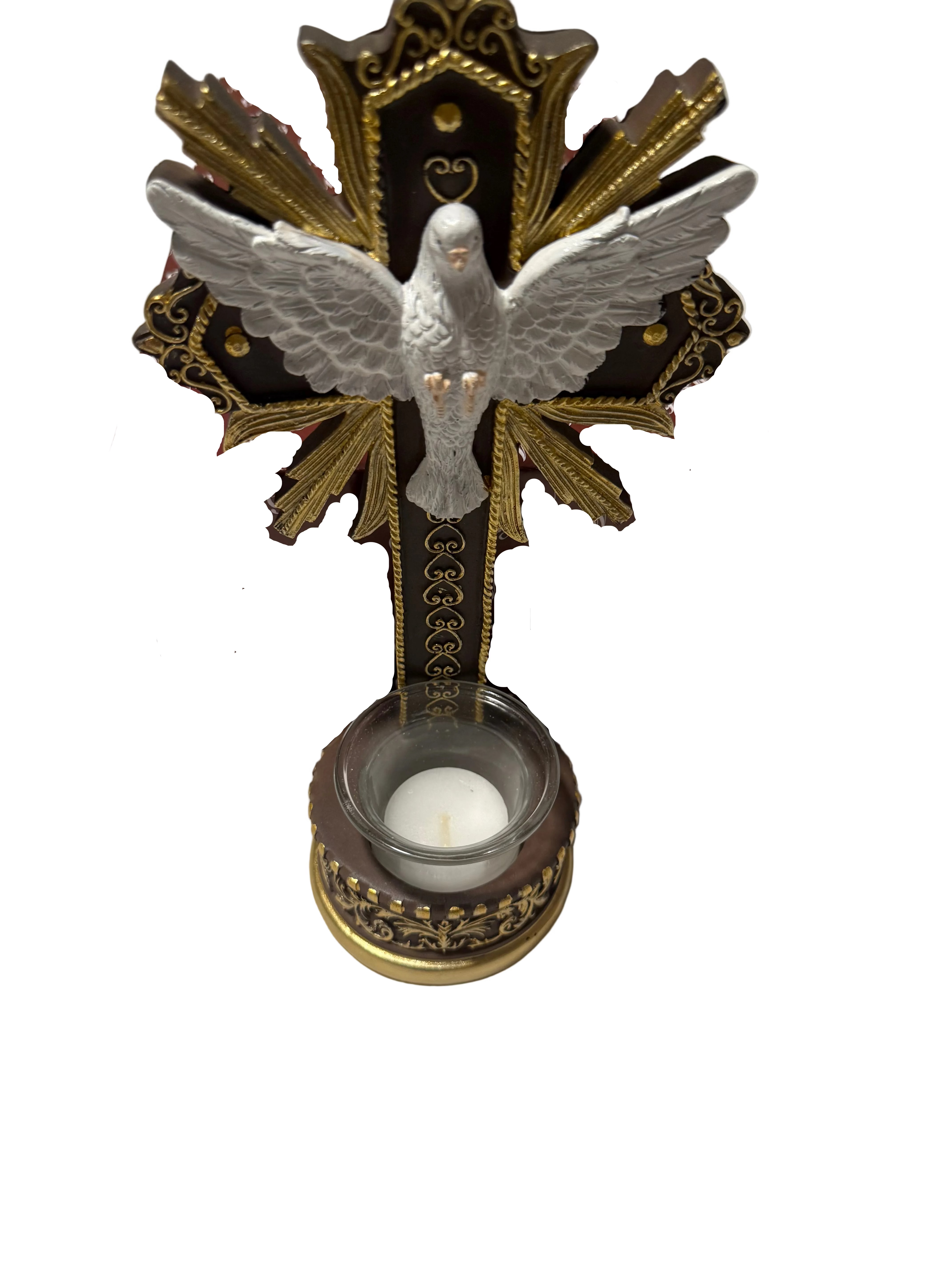 Holy Spirit Dove Cross 10”/ Cruz del Espíritu Santo Con Paloma Resin Statue | Catholic Religious Decor with Candle Holder