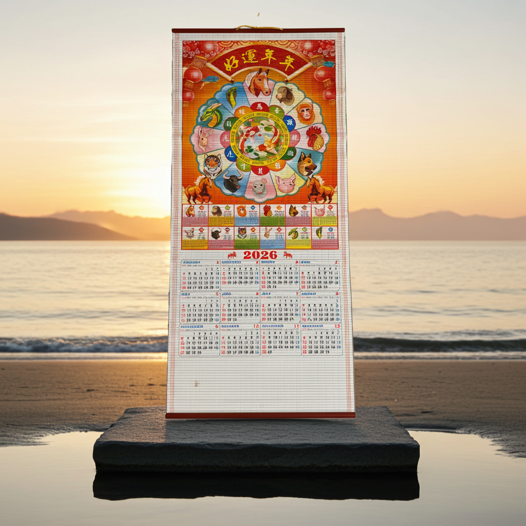 2026 Lunar New Year Zodiac Wall Scroll Calendar – Cane & Wooden Hanging Scroll, Chinese Astrology Design
